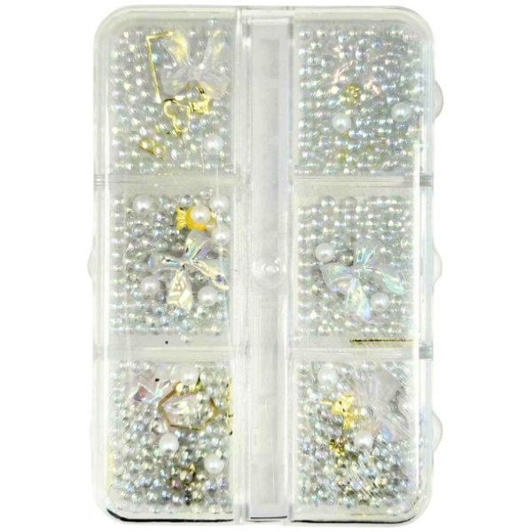 Διακοσμητικά Νυχιών σε Κασετίνα 6τμχ - Πέρλες Λευκό Χρυσά Σχέδια - Φιογκάκια Ιριδίζον