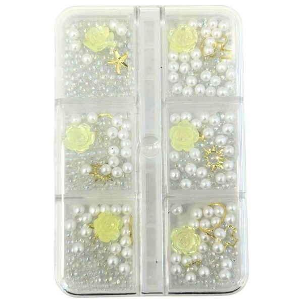 Διακοσμητικά Νυχιών σε Κασετίνα 6τμχ - Πέρλες Λευκό Χρυσά Σχέδια - Λουλούδια Κίτρινα