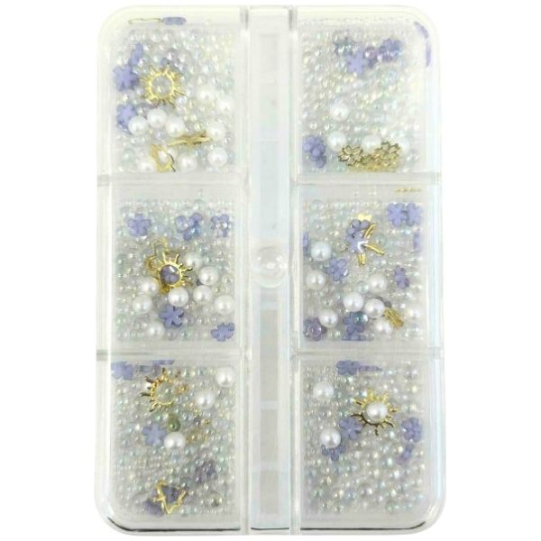 Διακοσμητικά Νυχιών σε Κασετίνα 6τμχ - Πέρλες Λευκό Χρυσά Σχέδια - Λουλούδια Μωβ