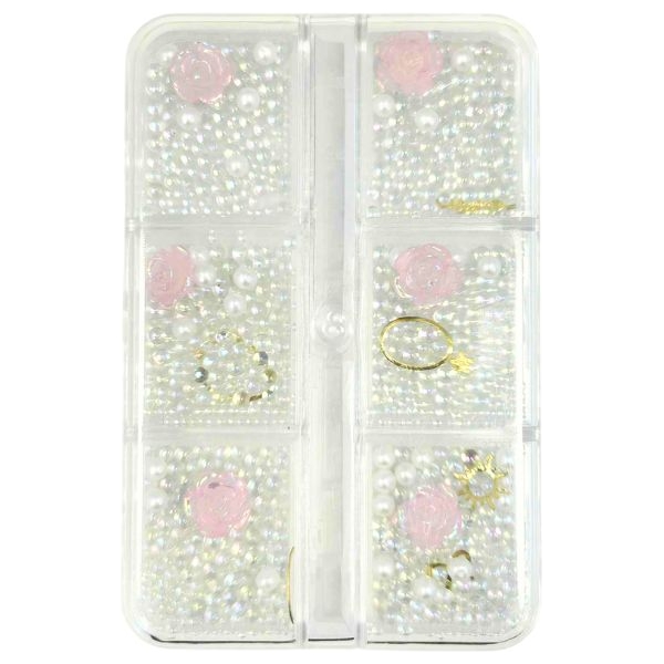 Διακοσμητικά Νυχιών σε Κασετίνα 6τμχ - Πέρλες Λευκό/ Χρυσό - Τριαντάφυλλα Ροζ