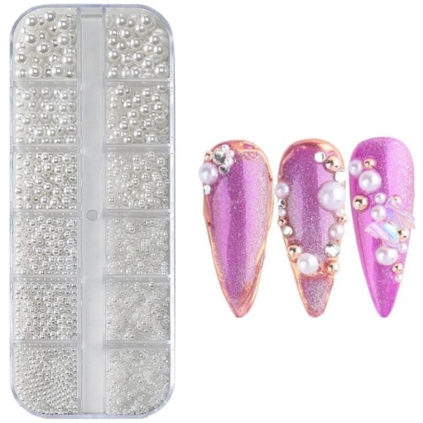 Λευκές Πέρλες για Nail Art – Κασετίνα 12 Θέσεων